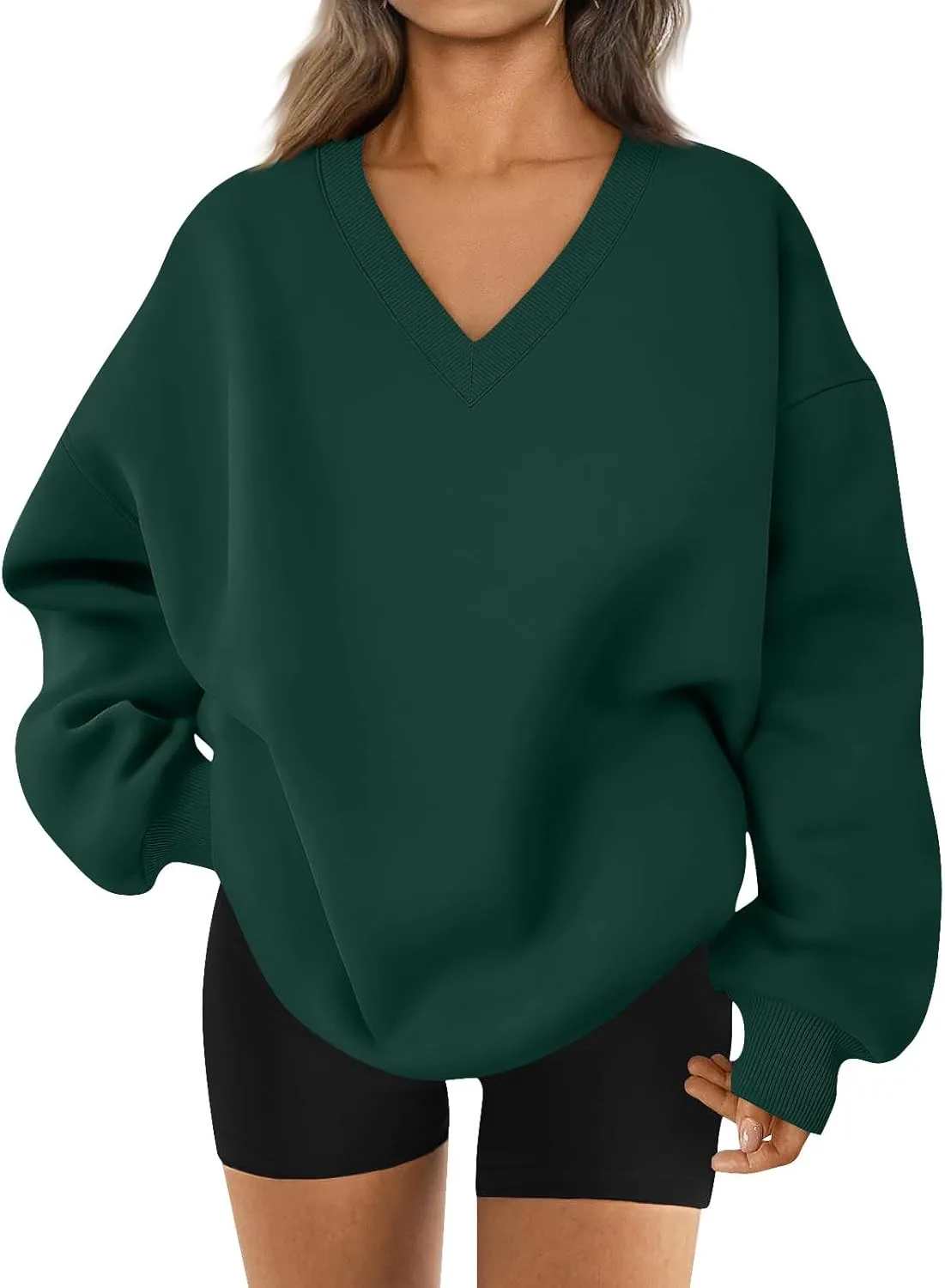 Oversized Sweatshirt for Women Fleece Hoodies Pullover V Neck Long Sleeve Shirts Sweatshirt No Hood Loose Fitting Tops