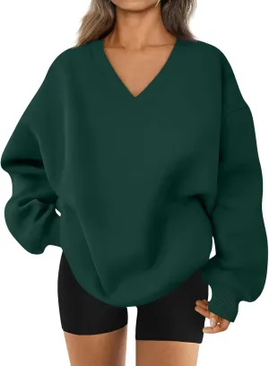 Oversized Sweatshirt for Women Fleece Hoodies Pullover V Neck Long Sleeve Shirts Sweatshirt No Hood Loose Fitting Tops