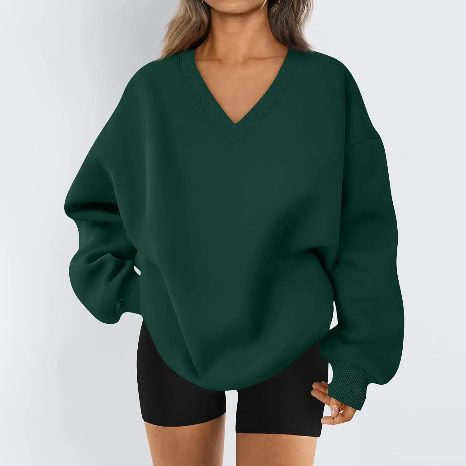 Oversized Sweatshirt for Women Fleece Hoodies Pullover V Neck Long Sleeve Shirts Sweatshirt No Hood Loose Fitting Tops