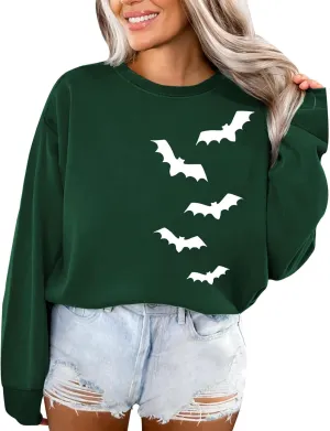 Oversized Sweatshirt For Women Halloween Sweatshirts For Teen Girl Bat Letter Graphic Long Sleeve Crewneck Pullover Drop Shoulder Trendy Casual Tops Prime Big Deal Days Green