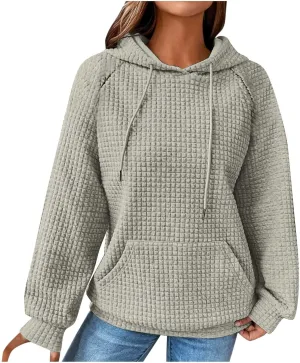 Oversized Waffle Knit Hoodie Sweatshirts for Women Causal Fall Fashion Clothes Solid Drawstring Pullover Hoodies
