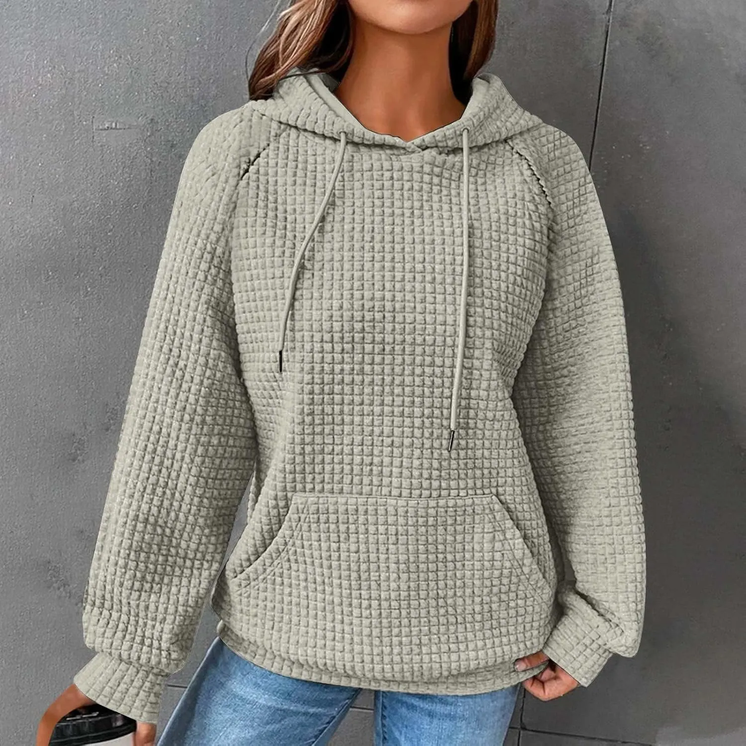 Oversized Waffle Knit Hoodie Sweatshirts for Women Causal Fall Fashion Clothes Solid Drawstring Pullover Hoodies