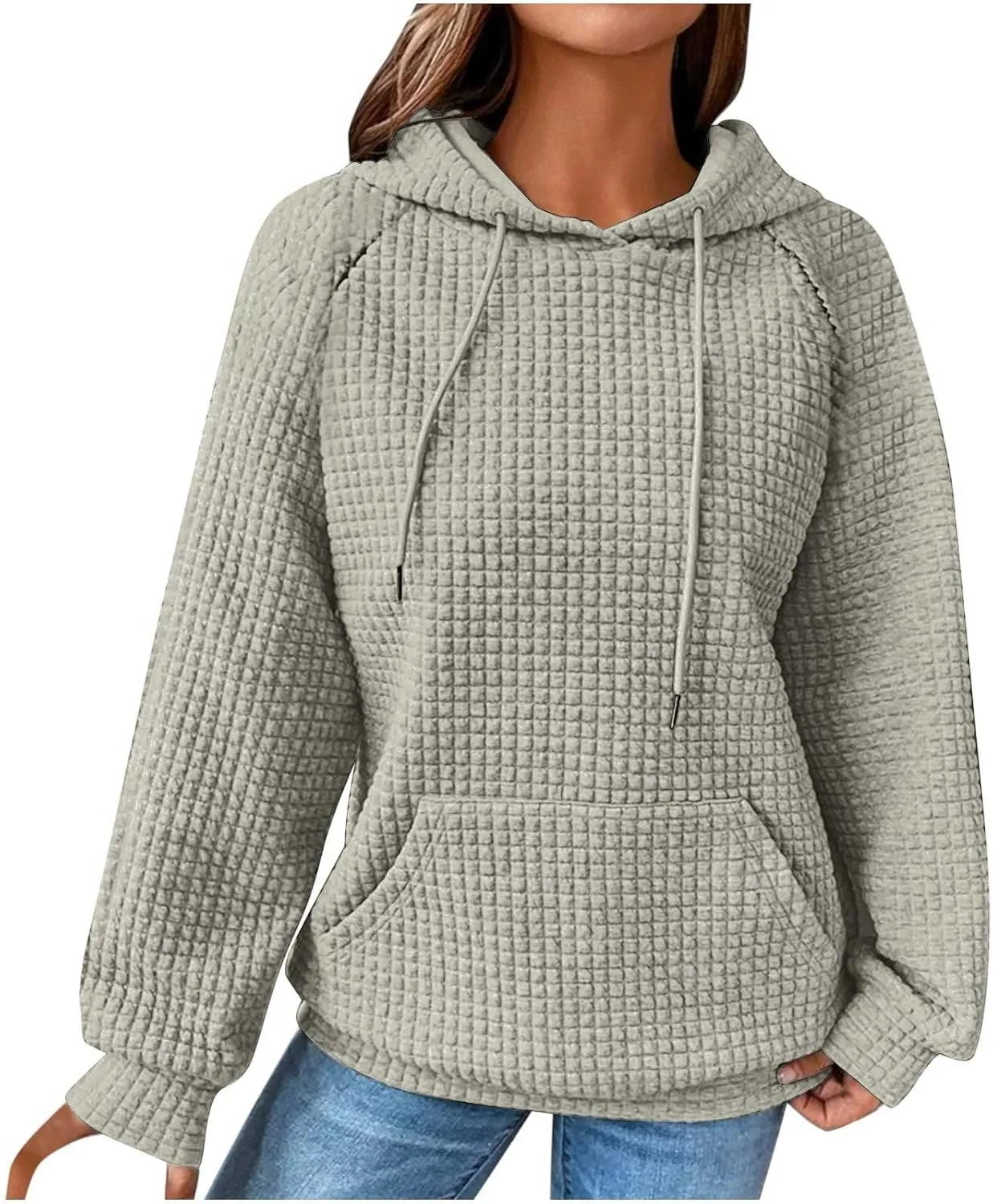 Oversized Waffle Knit Hoodie Sweatshirts for Women Causal Fall Fashion Clothes Solid Drawstring Pullover Hoodies