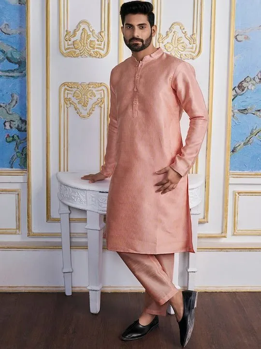 Peach-Coloured Ethnic Motifs Woven Design Kurta with Trousers