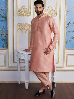 Peach-Coloured Ethnic Motifs Woven Design Kurta with Trousers