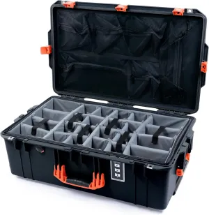 Pelican 1595 Case by ColorCase - Black - Large Sized Waterproof Case with Grey Padded Dividers & Mesh Lid Organizer - Orange Handles & Latches