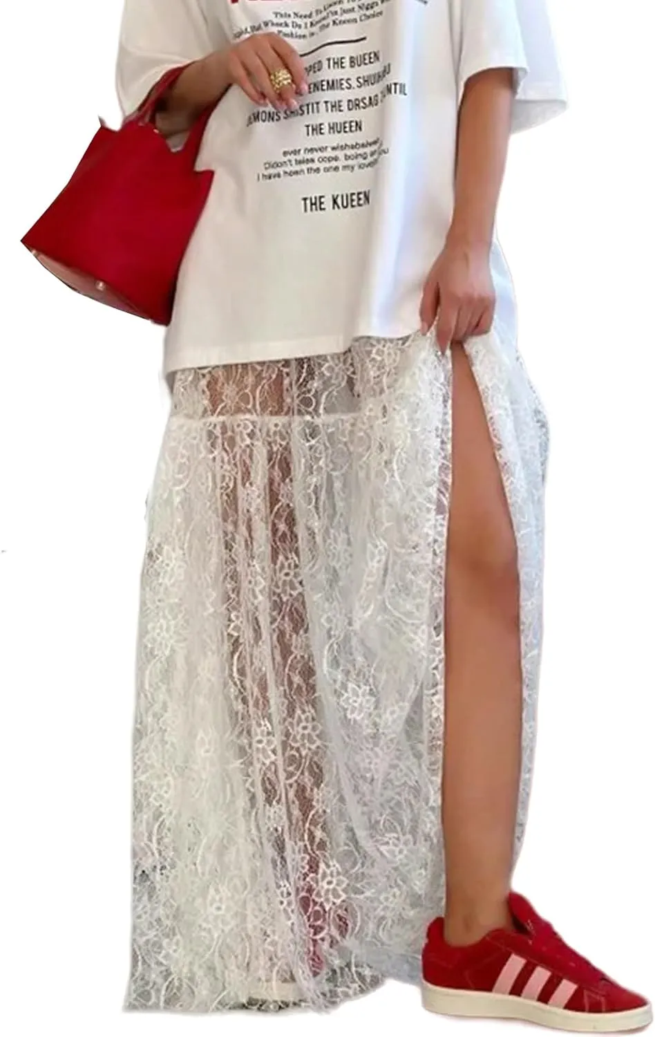 Perbai Women's Sexy Sheer Lace Skirt High Waisted Floral Embroidered Ruffled A Line Long Maxi Beach Skirts