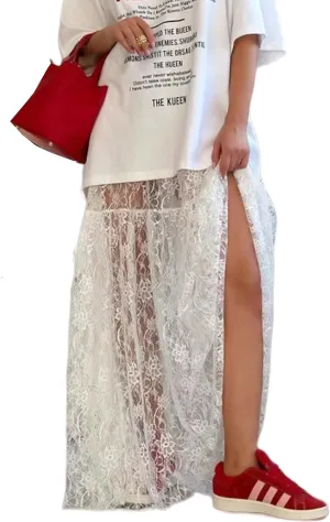Perbai Women's Sexy Sheer Lace Skirt High Waisted Floral Embroidered Ruffled A Line Long Maxi Beach Skirts