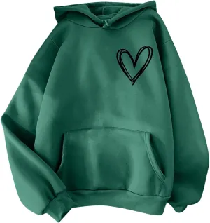 Pink Tops Hoodies for Women Heart Print Cute Preppy Sweatshirt Teen Girls Long Sleeve Pullover Hooded Tops