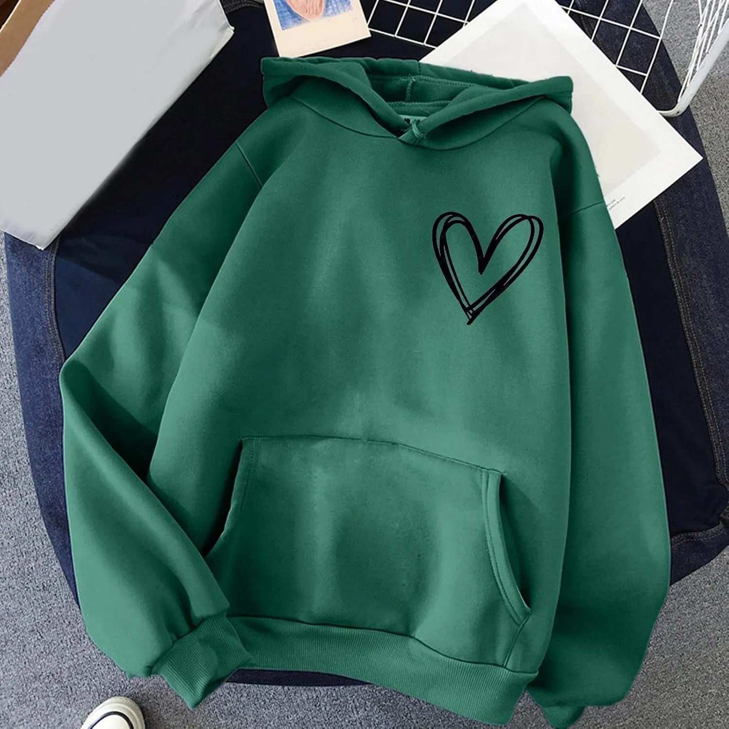 Pink Tops Hoodies for Women Heart Print Cute Preppy Sweatshirt Teen Girls Long Sleeve Pullover Hooded Tops