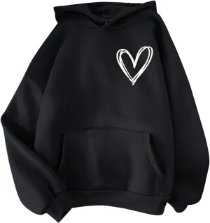Pink Tops Hoodies for Women Heart Print Cute Preppy Sweatshirt Teen Girls Long Sleeve Pullover Hooded Tops