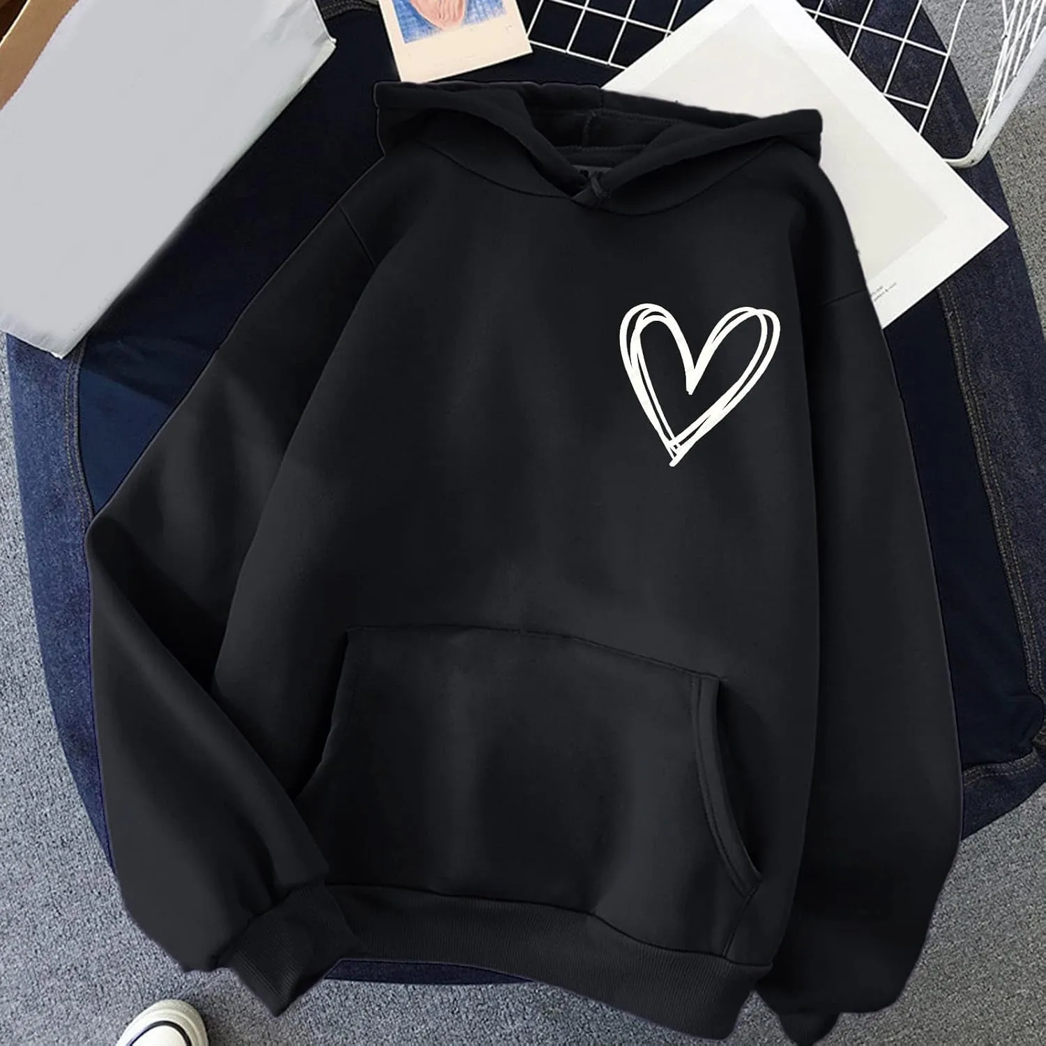 Pink Tops Hoodies for Women Heart Print Cute Preppy Sweatshirt Teen Girls Long Sleeve Pullover Hooded Tops
