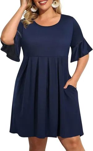 Pinup Fashion Women's Plus Size Bell Sleeve Round Neck Casual Summer Knit Babydoll Swing Sundress Pockets