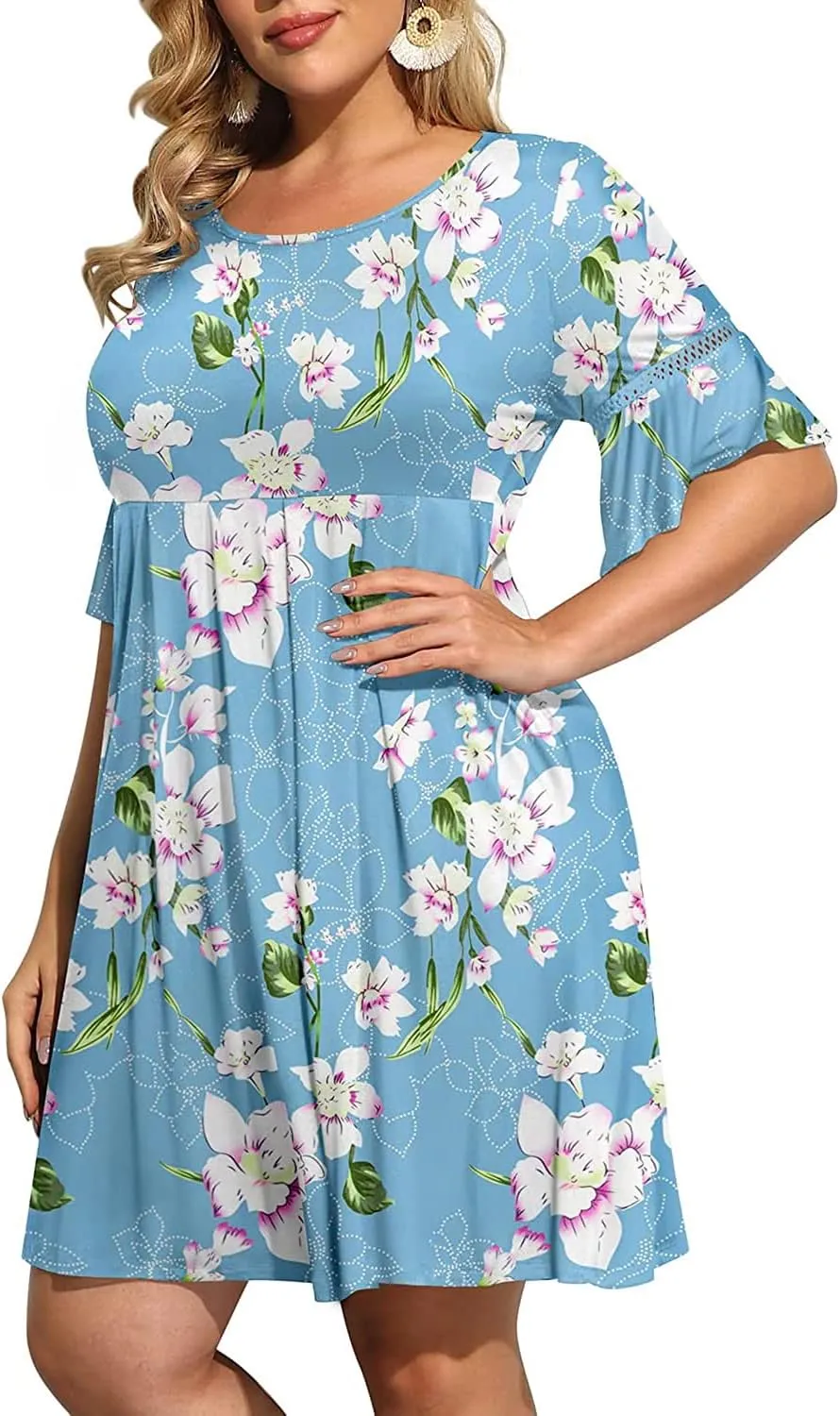 Pinup Fashion Women's Plus Size Bell Sleeve Round Neck Casual Summer Knit Babydoll Swing Sundress Pockets