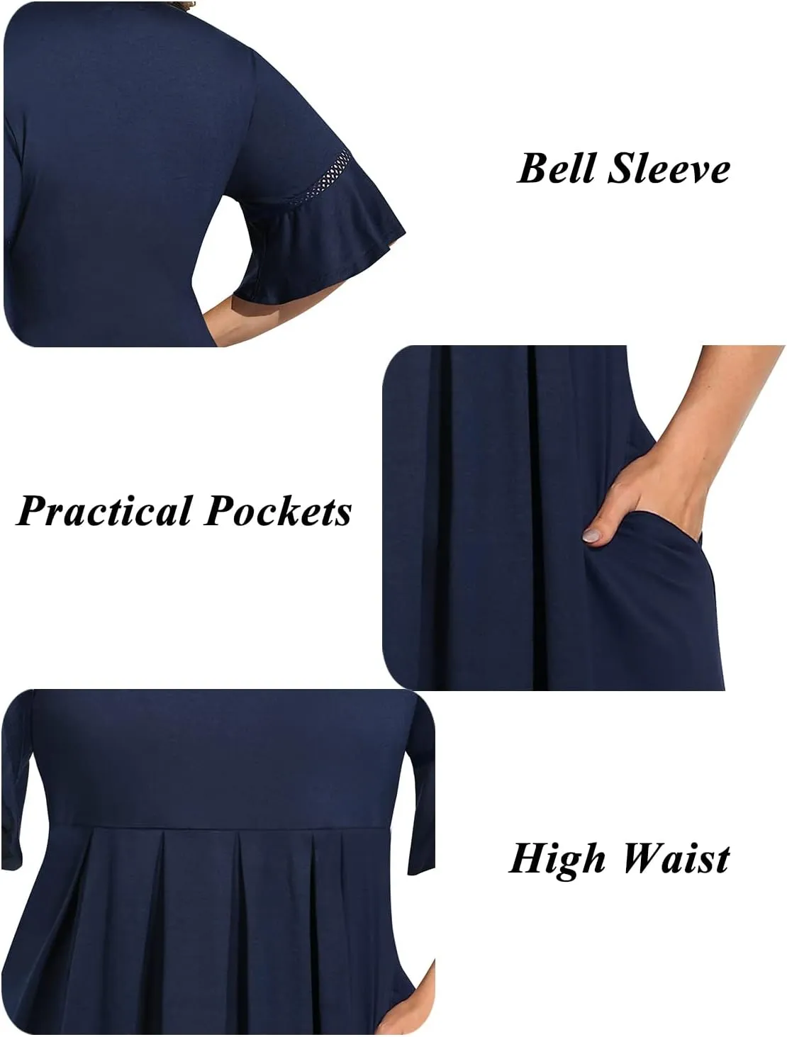 Pinup Fashion Women's Plus Size Bell Sleeve Round Neck Casual Summer Knit Babydoll Swing Sundress Pockets