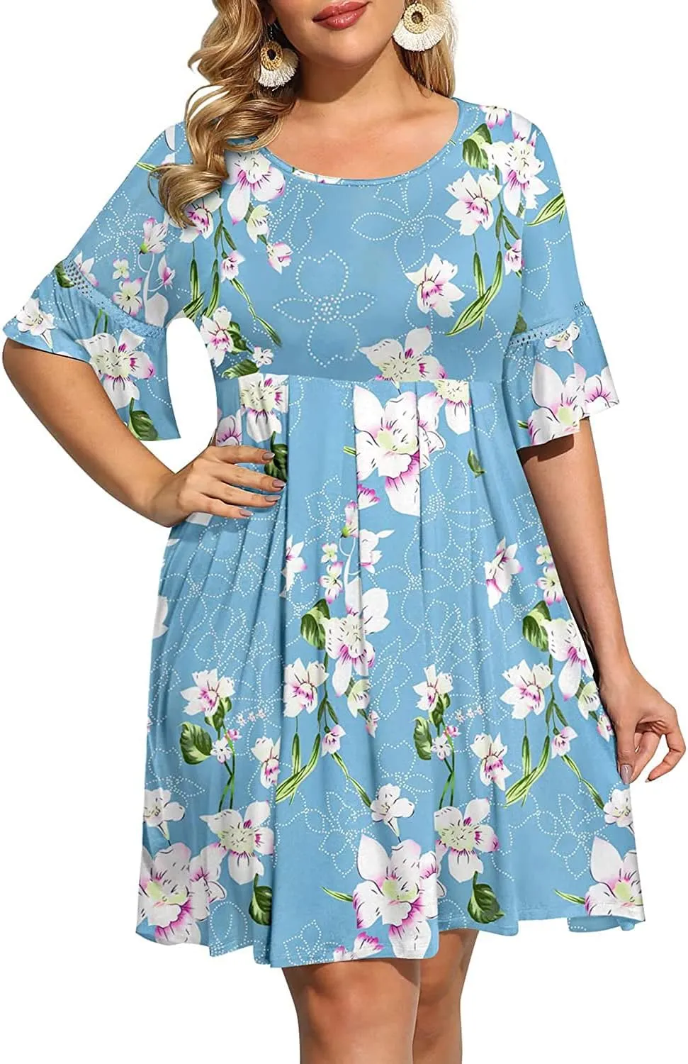 Pinup Fashion Women's Plus Size Bell Sleeve Round Neck Casual Summer Knit Babydoll Swing Sundress Pockets