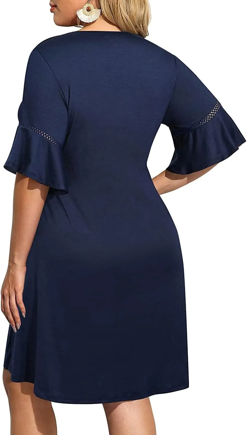 Pinup Fashion Women's Plus Size Bell Sleeve Round Neck Casual Summer Knit Babydoll Swing Sundress Pockets