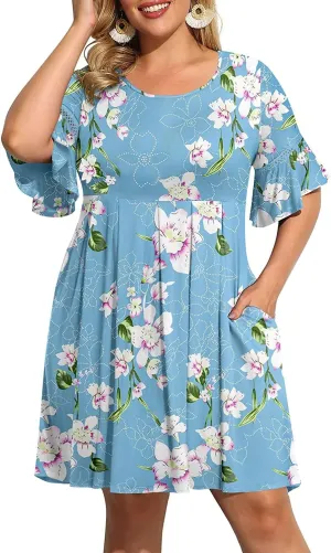 Pinup Fashion Women's Plus Size Bell Sleeve Round Neck Casual Summer Knit Babydoll Swing Sundress Pockets