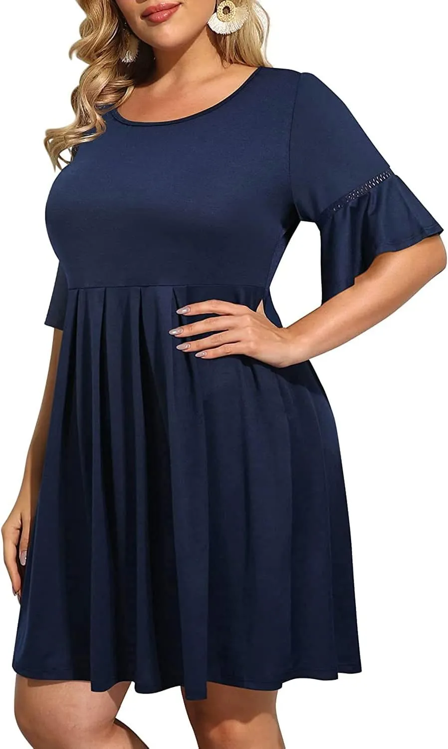 Pinup Fashion Women's Plus Size Bell Sleeve Round Neck Casual Summer Knit Babydoll Swing Sundress Pockets
