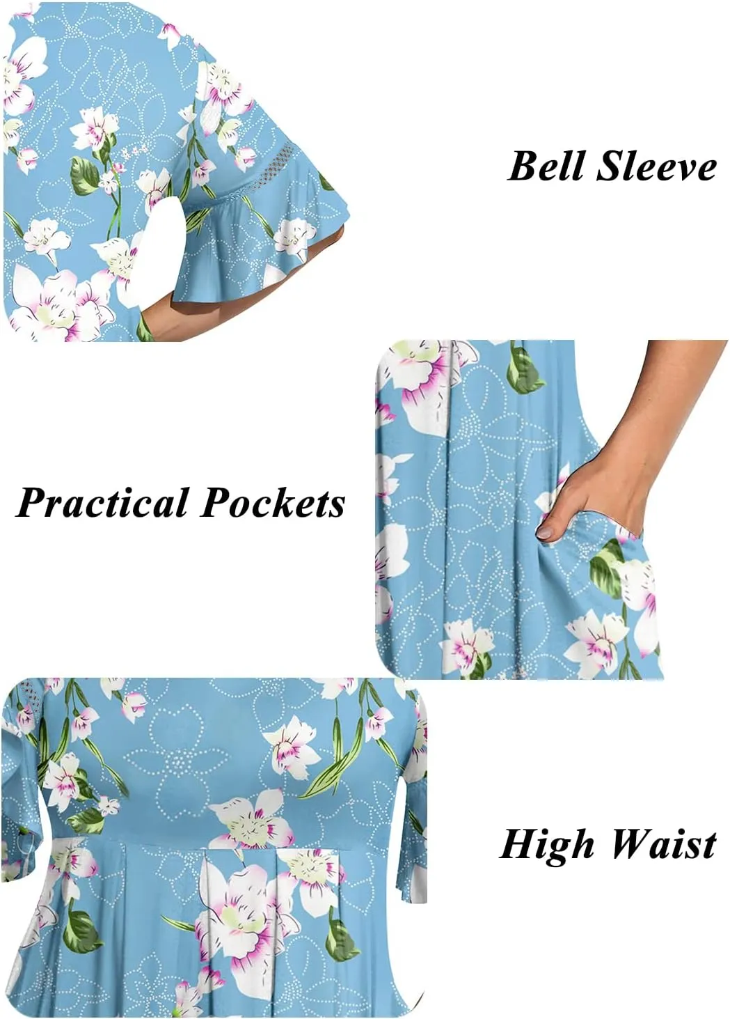 Pinup Fashion Women's Plus Size Bell Sleeve Round Neck Casual Summer Knit Babydoll Swing Sundress Pockets