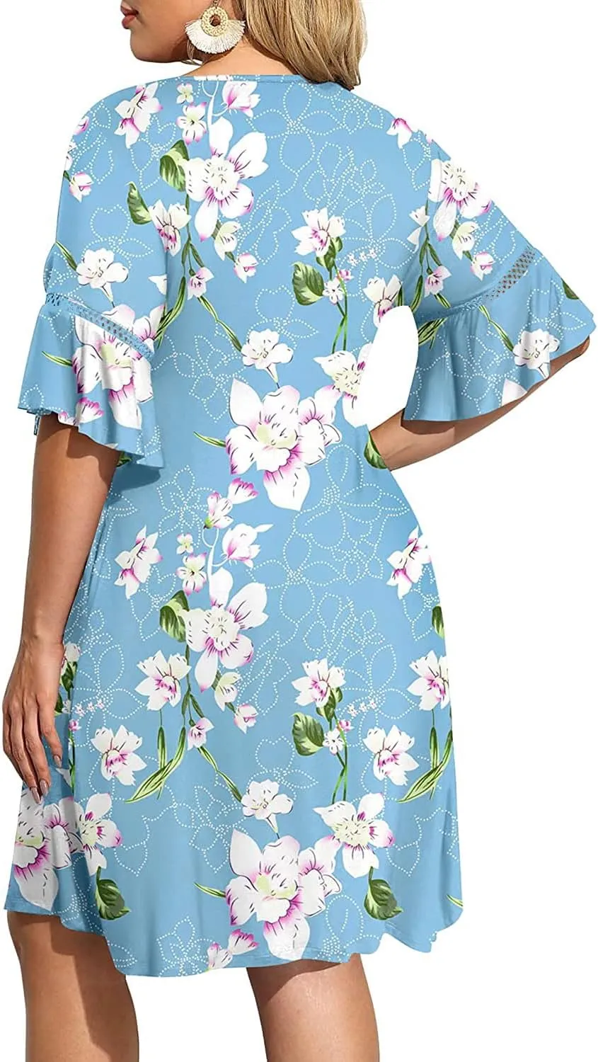Pinup Fashion Women's Plus Size Bell Sleeve Round Neck Casual Summer Knit Babydoll Swing Sundress Pockets