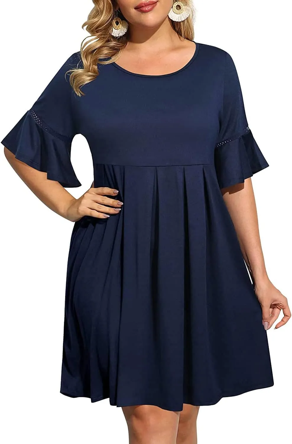 Pinup Fashion Women's Plus Size Bell Sleeve Round Neck Casual Summer Knit Babydoll Swing Sundress Pockets