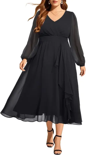 Plus Size Black Dresses 2025 Formal Wedding Guest Long Sleeve Fall Chiffon Wrap V Neck A Line Midi Ruffle Dress