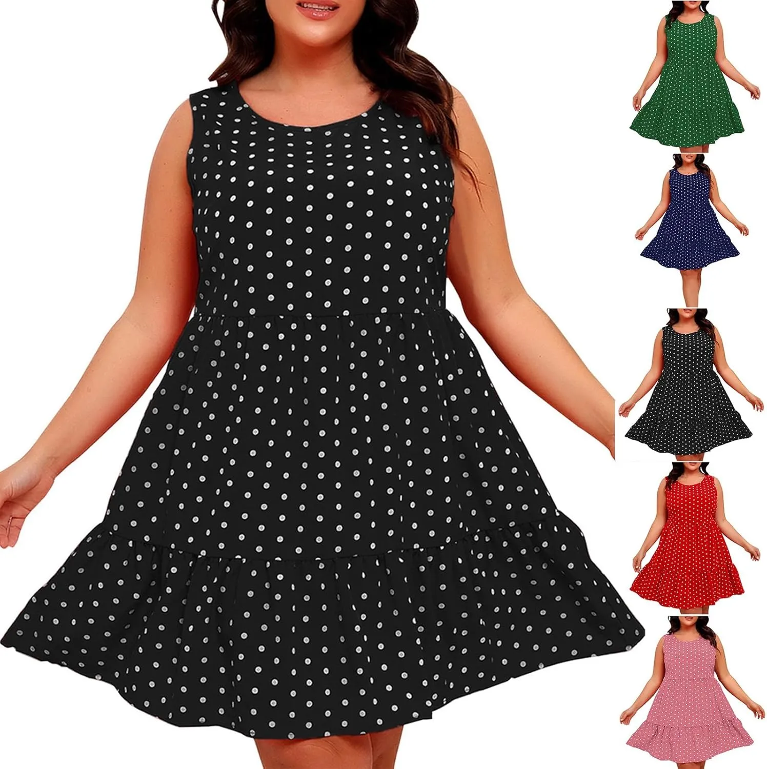 Plus Size Summer Dresses Beach Crew Neck Sleeveless Polka Dot Tank Dresses for Women Loose Length Knee Sundress