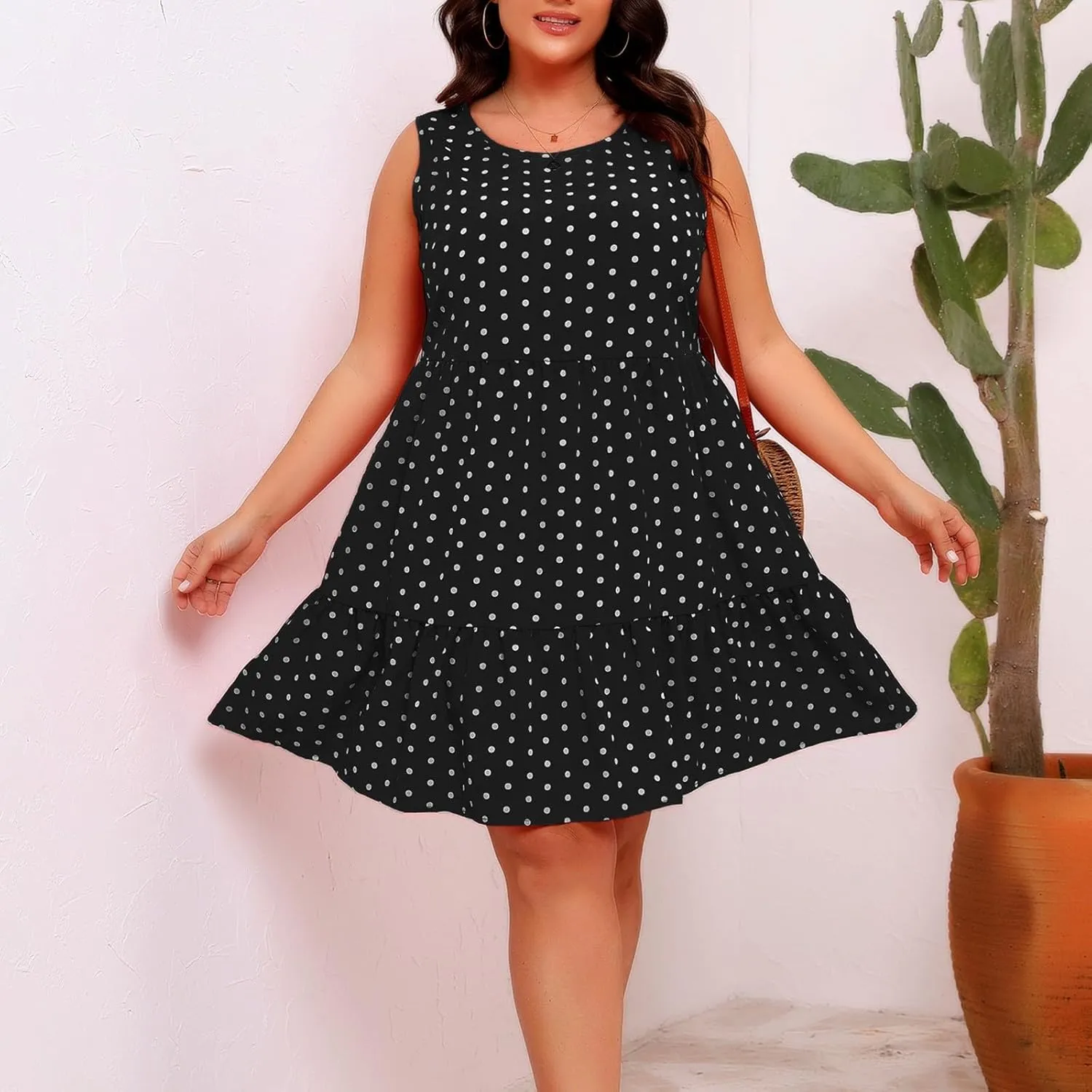 Plus Size Summer Dresses Beach Crew Neck Sleeveless Polka Dot Tank Dresses for Women Loose Length Knee Sundress