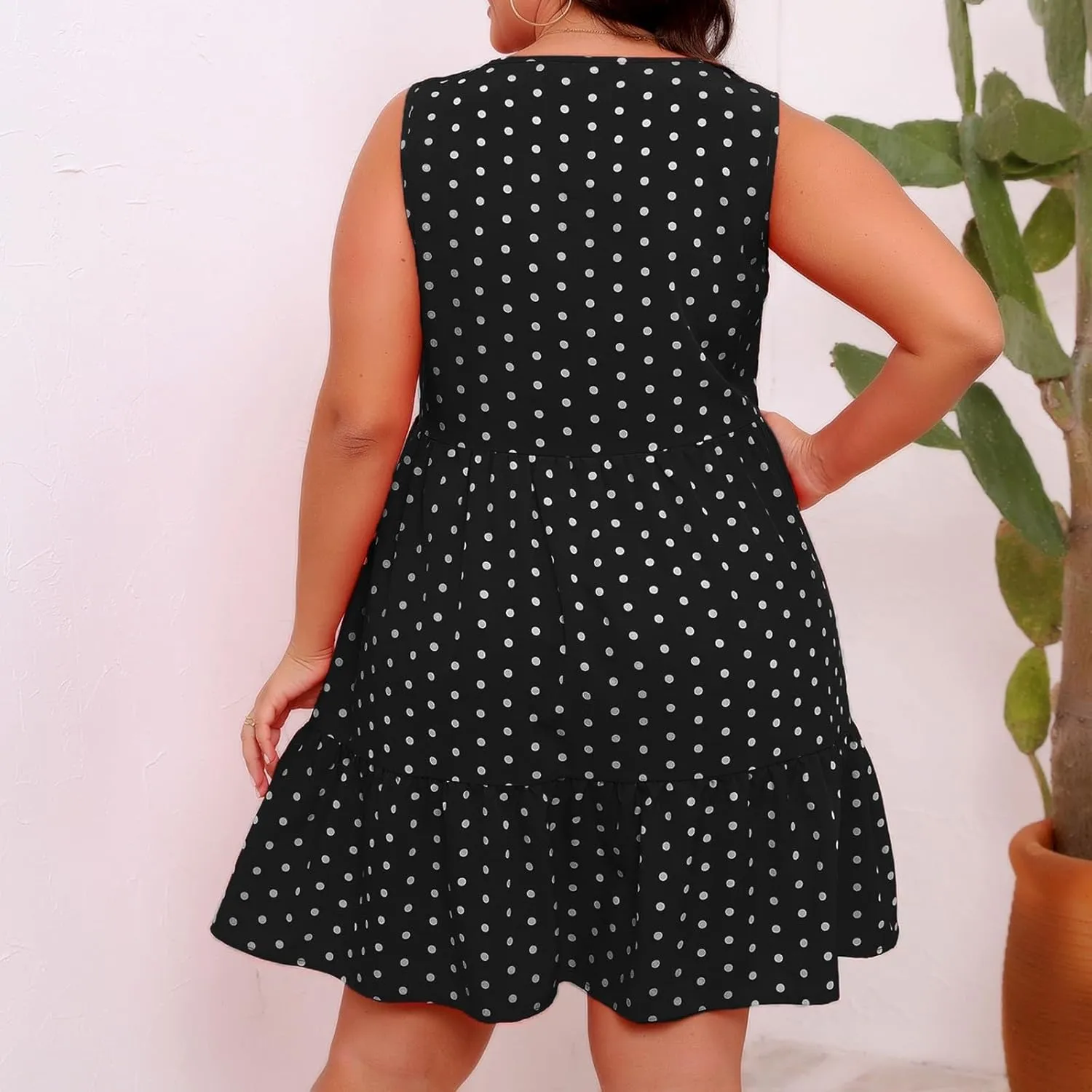 Plus Size Summer Dresses Beach Crew Neck Sleeveless Polka Dot Tank Dresses for Women Loose Length Knee Sundress
