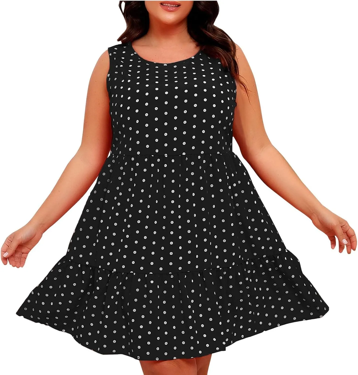Plus Size Summer Dresses Beach Crew Neck Sleeveless Polka Dot Tank Dresses for Women Loose Length Knee Sundress