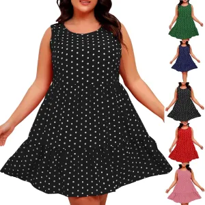 Plus Size Summer Dresses Beach Crew Neck Sleeveless Polka Dot Tank Dresses for Women Loose Length Knee Sundress