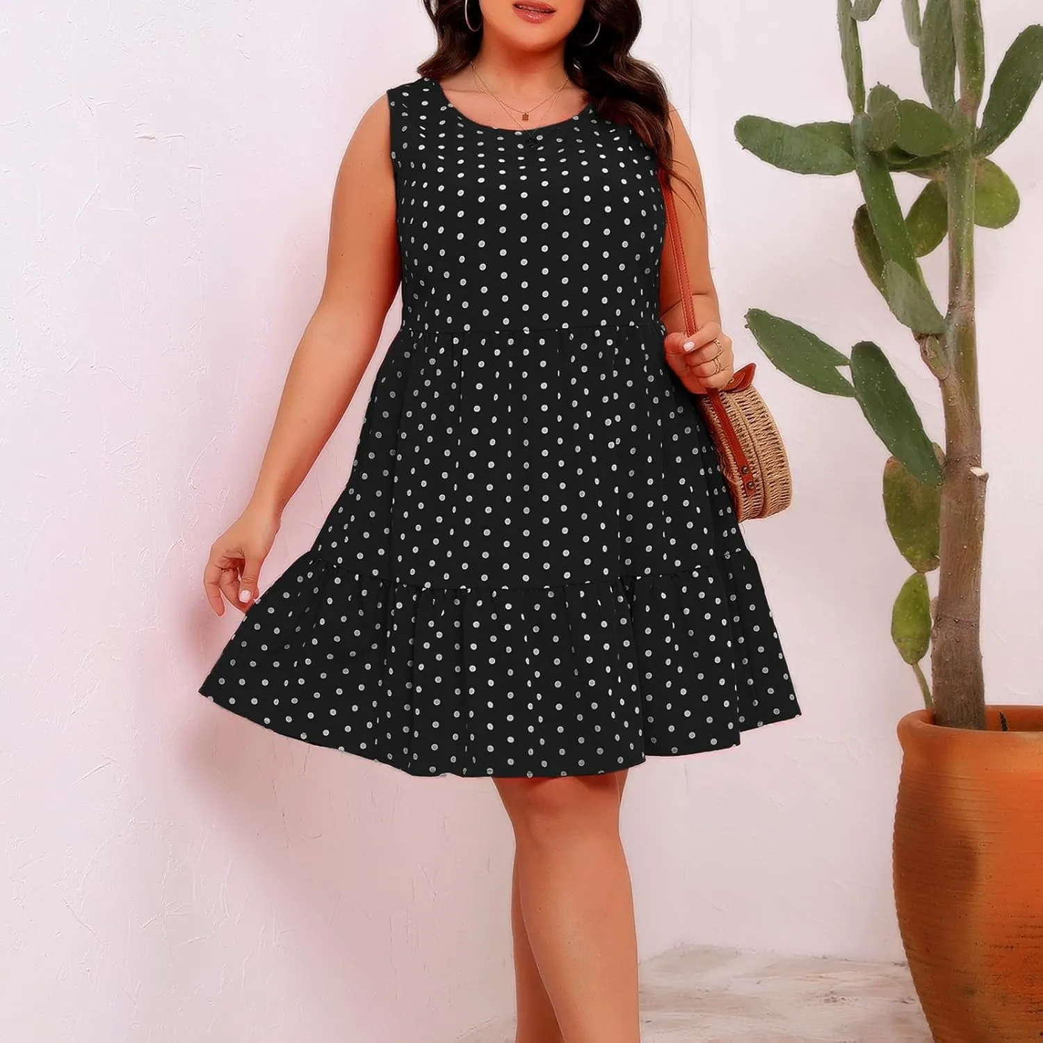 Plus Size Summer Dresses Beach Crew Neck Sleeveless Polka Dot Tank Dresses for Women Loose Length Knee Sundress