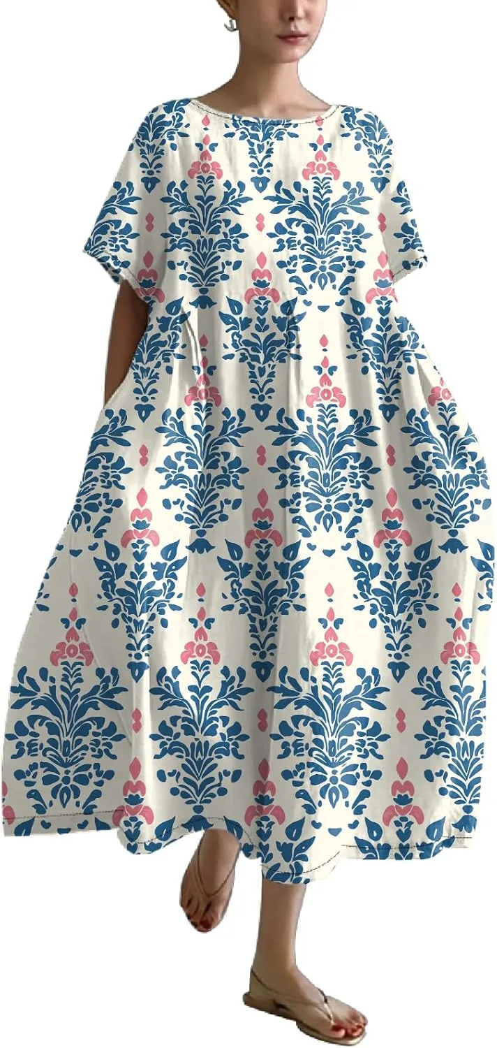 Plus Size Summer Maxi Dress for Women 2025 Trendy Boho Floral Dress Short Sleeve Flowy Sun Dresses with Pockets
