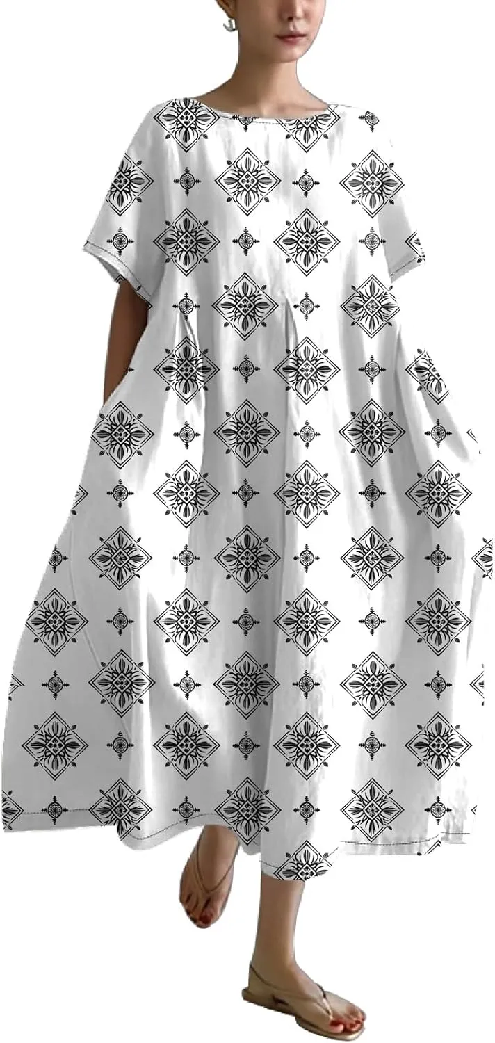 Plus Size Summer Maxi Dress for Women 2025 Trendy Boho Floral Dress Short Sleeve Flowy Sun Dresses with Pockets