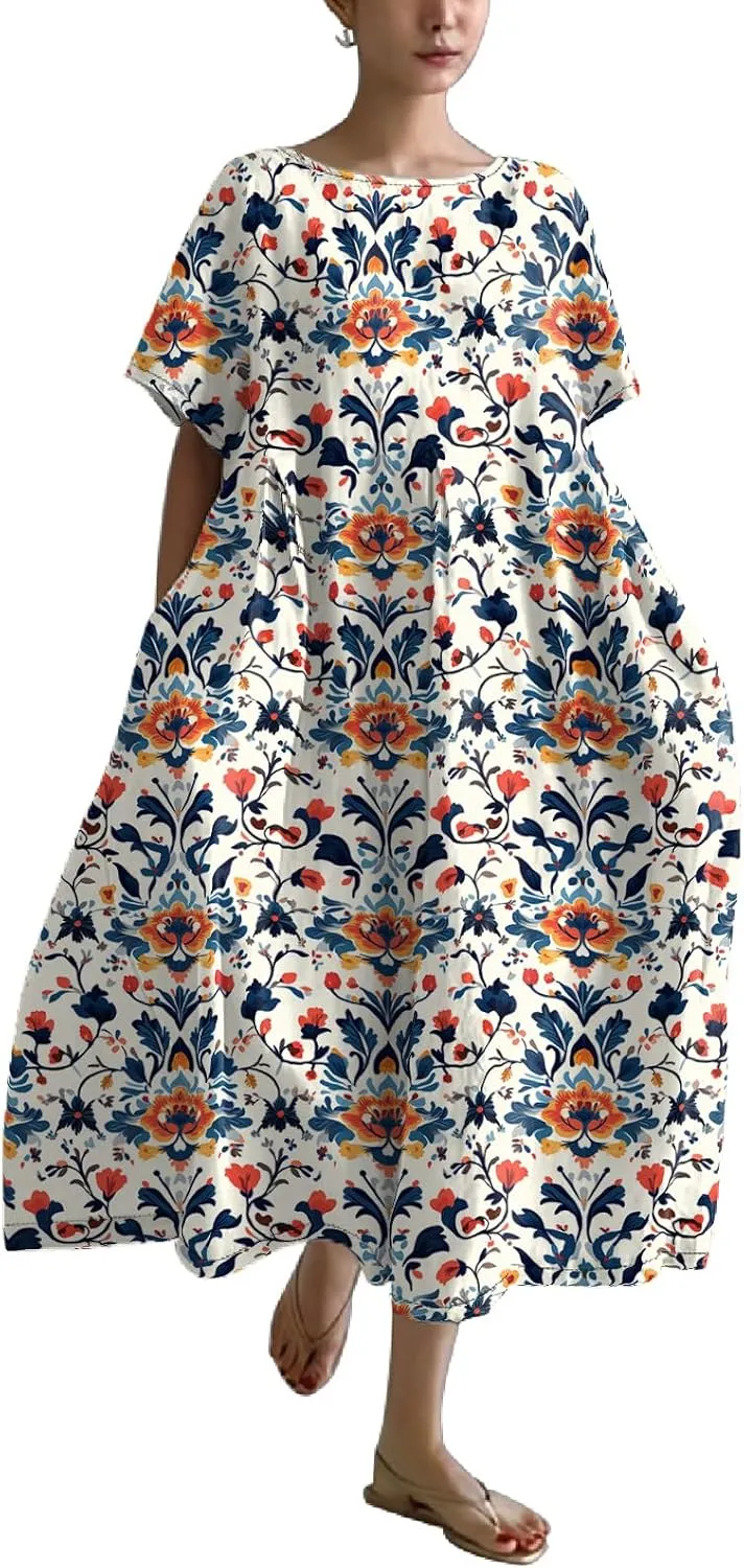 Plus Size Summer Maxi Dress for Women 2025 Trendy Boho Floral Dress Short Sleeve Flowy Sun Dresses with Pockets