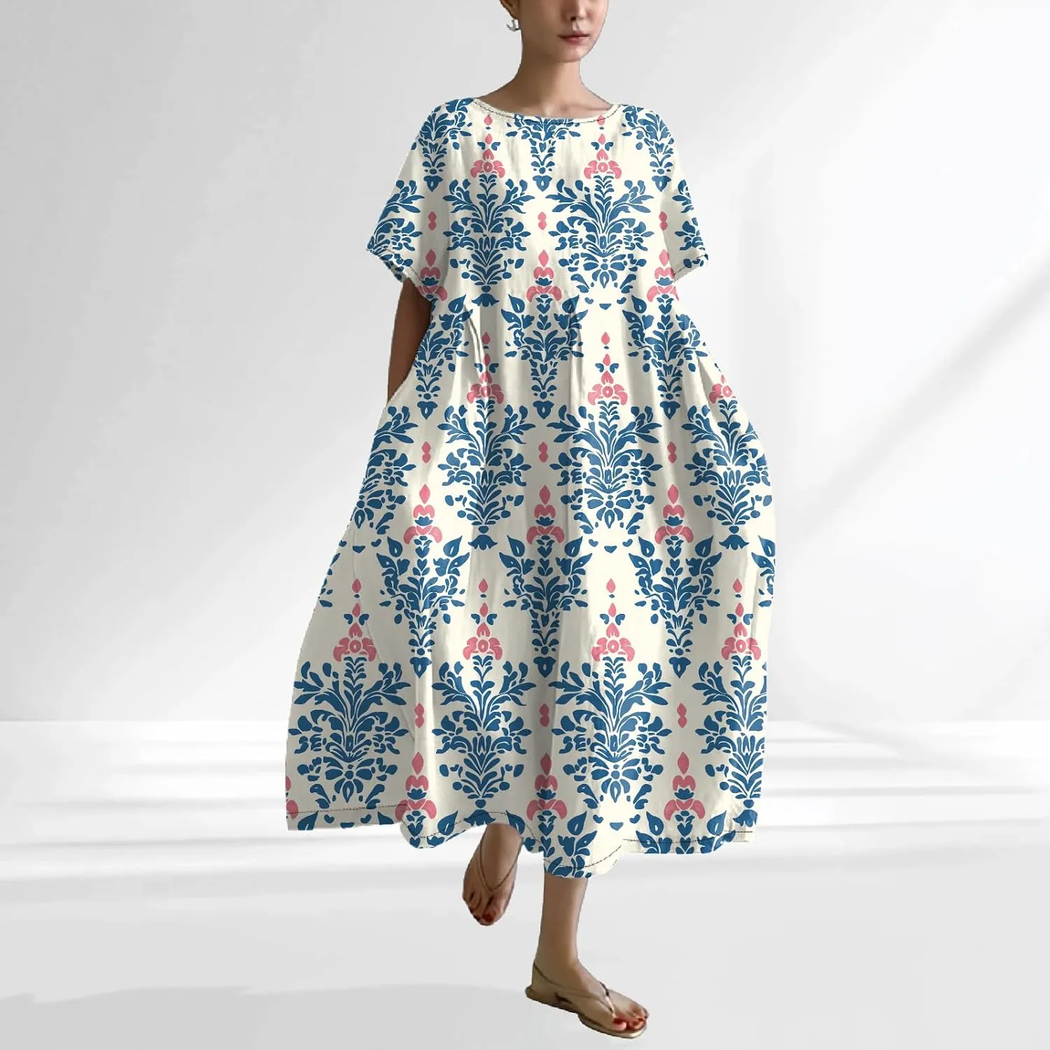 Plus Size Summer Maxi Dress for Women 2025 Trendy Boho Floral Dress Short Sleeve Flowy Sun Dresses with Pockets