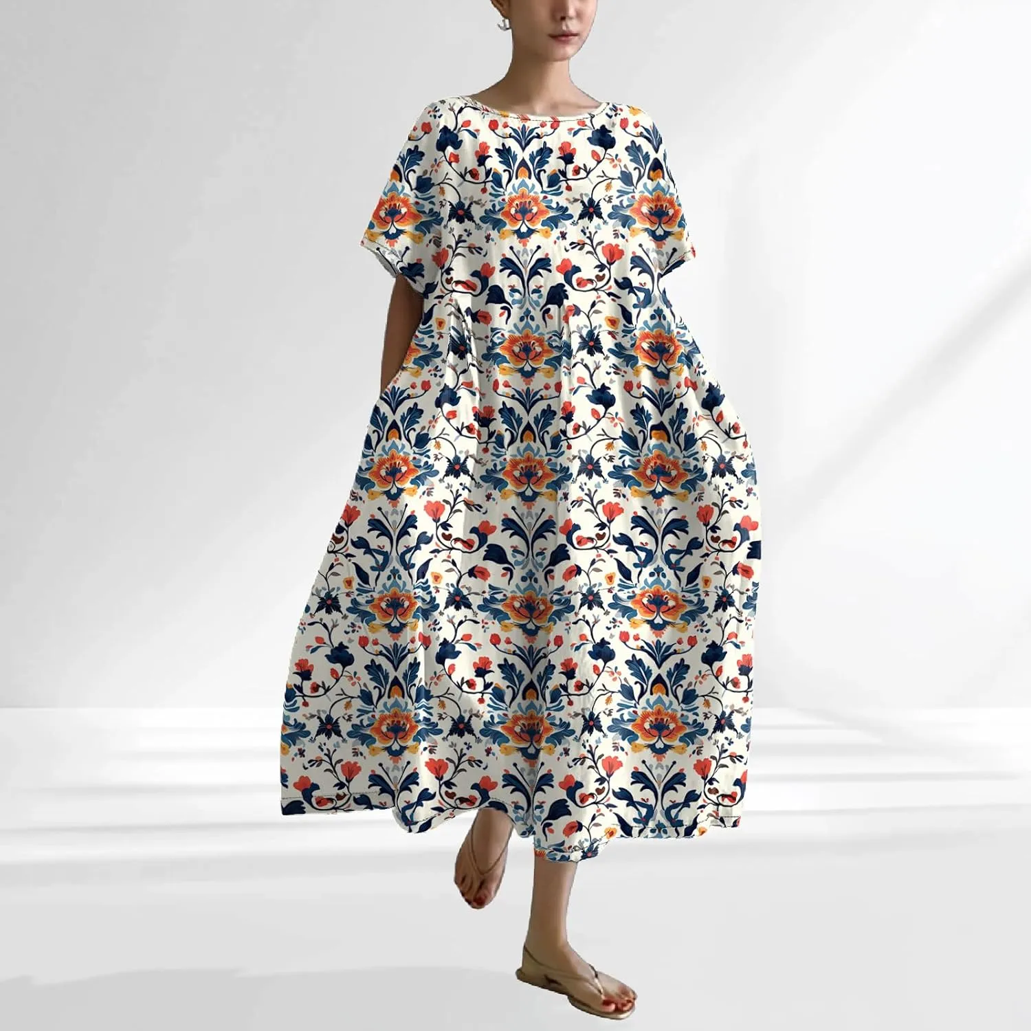 Plus Size Summer Maxi Dress for Women 2025 Trendy Boho Floral Dress Short Sleeve Flowy Sun Dresses with Pockets