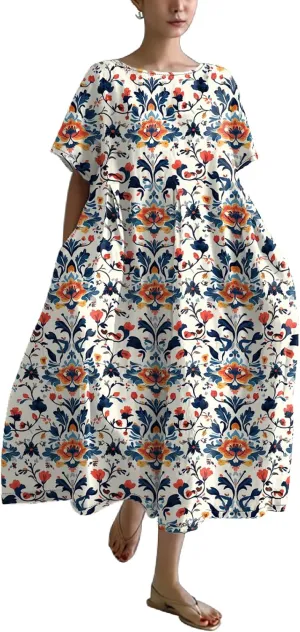 Plus Size Summer Maxi Dress for Women 2025 Trendy Boho Floral Dress Short Sleeve Flowy Sun Dresses with Pockets
