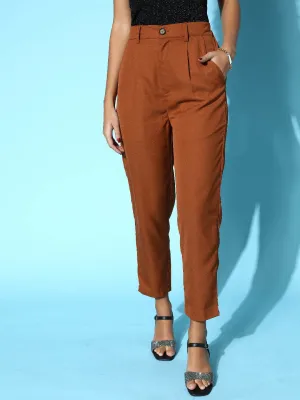 plusS Women Brown Solid High-Rise Pleated Trousers