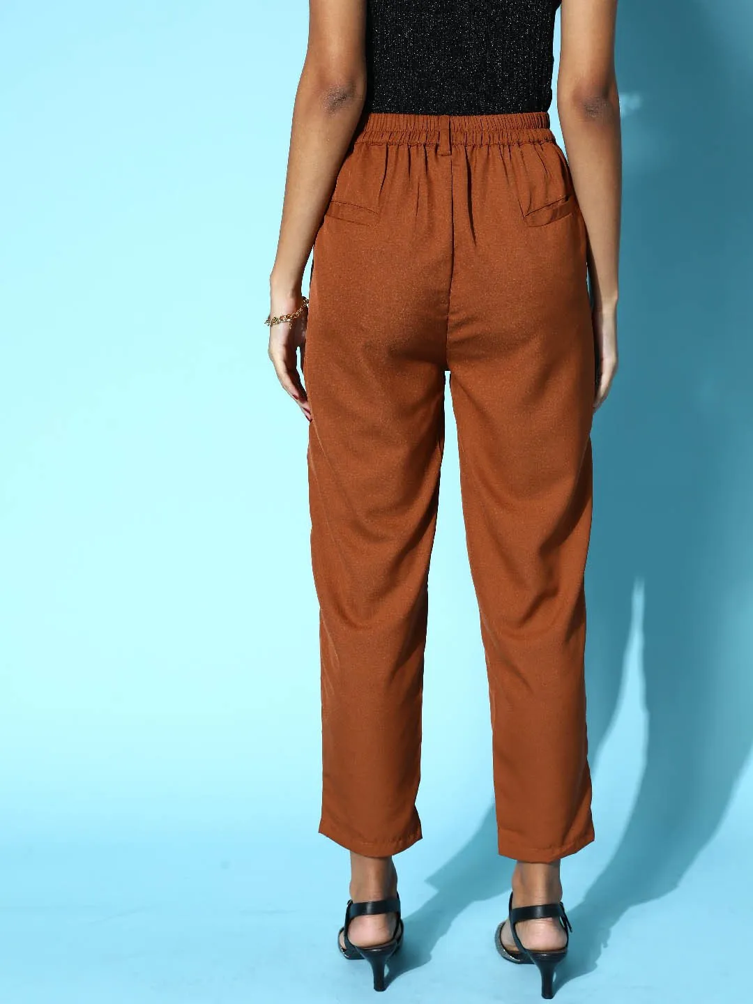 plusS Women Brown Solid High-Rise Pleated Trousers