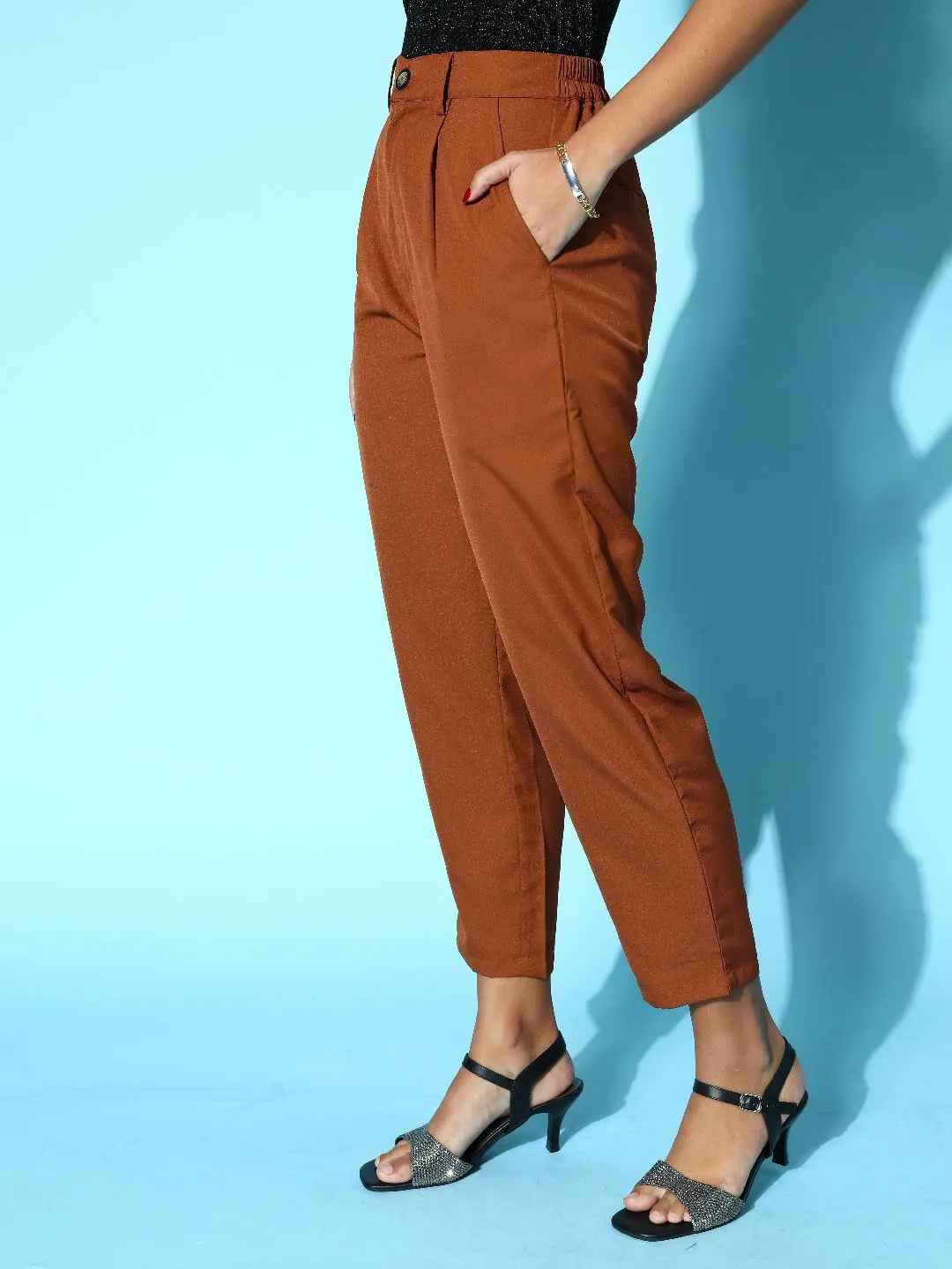 plusS Women Brown Solid High-Rise Pleated Trousers