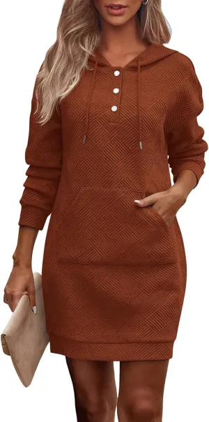 PRETTYGARDEN Long Sleeve Hoodies Dress 2024 Fall Trendy Texture Sweatshirts Outfits Button Hooded Winter Dresses with Pockets