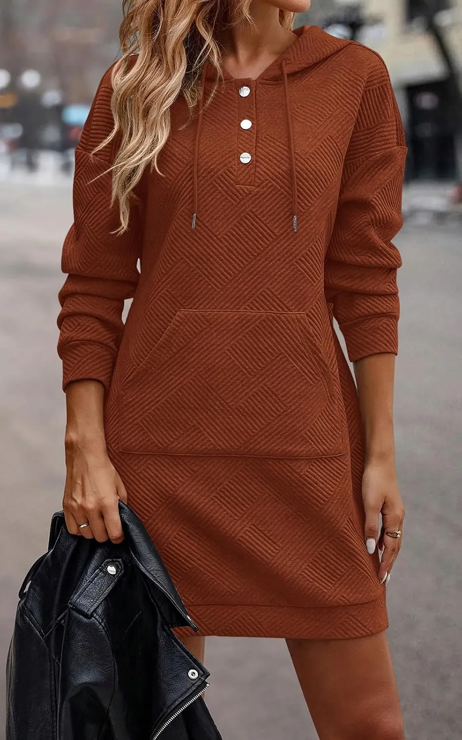 PRETTYGARDEN Long Sleeve Hoodies Dress 2024 Fall Trendy Texture Sweatshirts Outfits Button Hooded Winter Dresses with Pockets