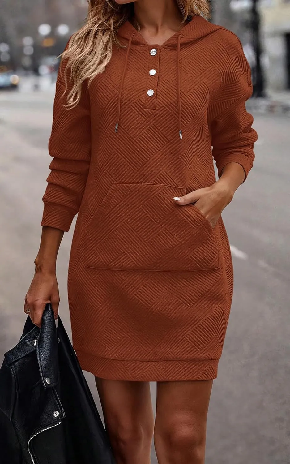 PRETTYGARDEN Long Sleeve Hoodies Dress 2024 Fall Trendy Texture Sweatshirts Outfits Button Hooded Winter Dresses with Pockets