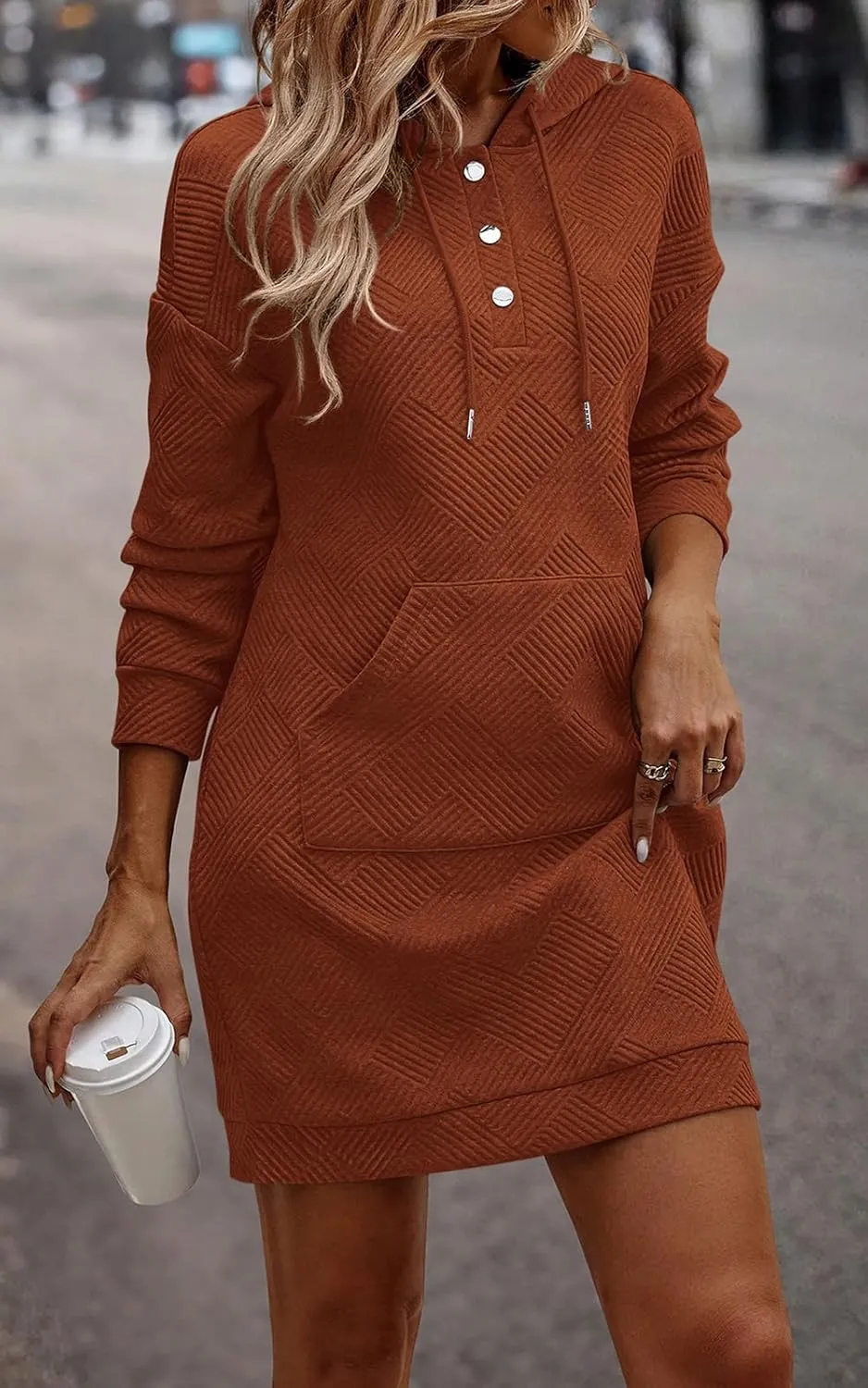 PRETTYGARDEN Long Sleeve Hoodies Dress 2024 Fall Trendy Texture Sweatshirts Outfits Button Hooded Winter Dresses with Pockets