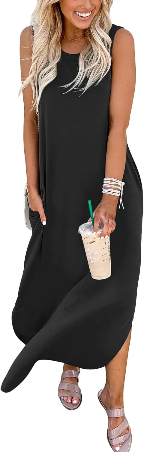 Prinbara Women's Maxi Dress Summer Casual Long Subdress Sleeveless Split Loose Trendy Beach Dresses