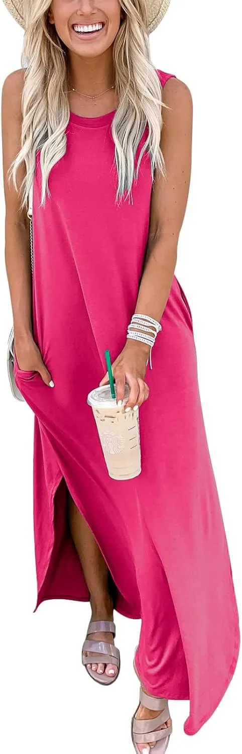 Prinbara Women's Maxi Dress Summer Casual Long Subdress Sleeveless Split Loose Trendy Beach Dresses