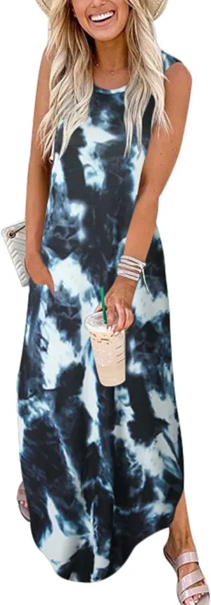 Prinbara Women's Maxi Dress Summer Casual Long Subdress Sleeveless Split Loose Trendy Beach Dresses
