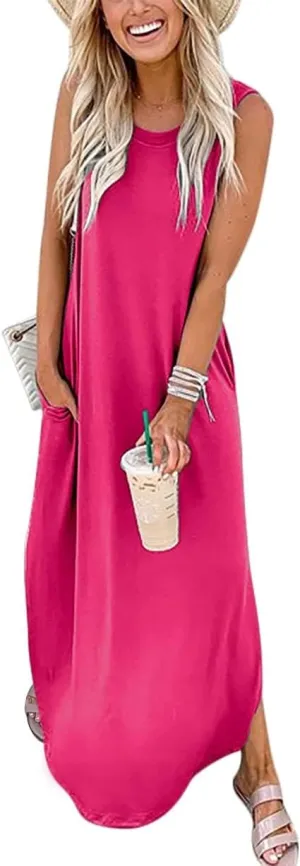 Prinbara Women's Maxi Dress Summer Casual Long Subdress Sleeveless Split Loose Trendy Beach Dresses